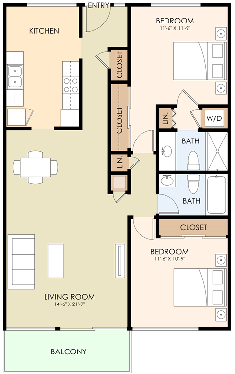 Floor plan for 2 beds, 2 baths, 1000 sqft